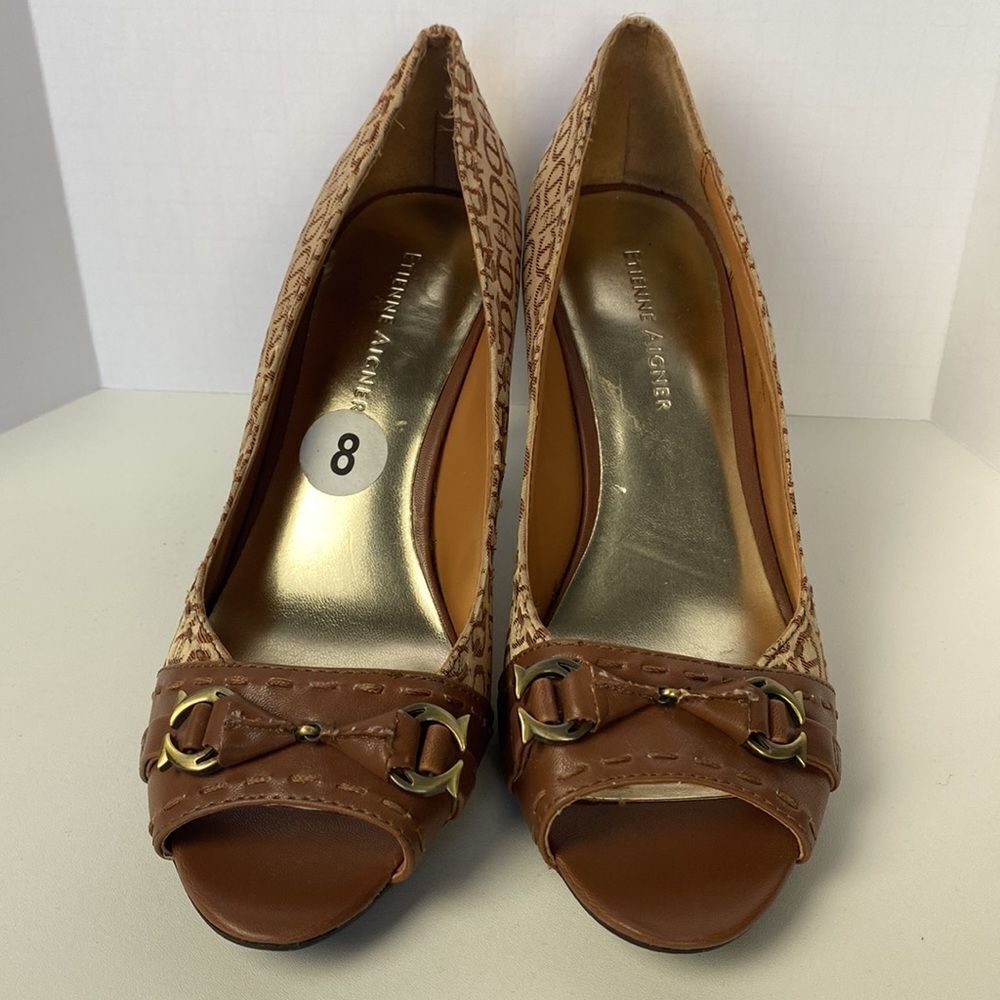 Etienne Aigner Logo Peep Toe Heels - Picture 2 of 7